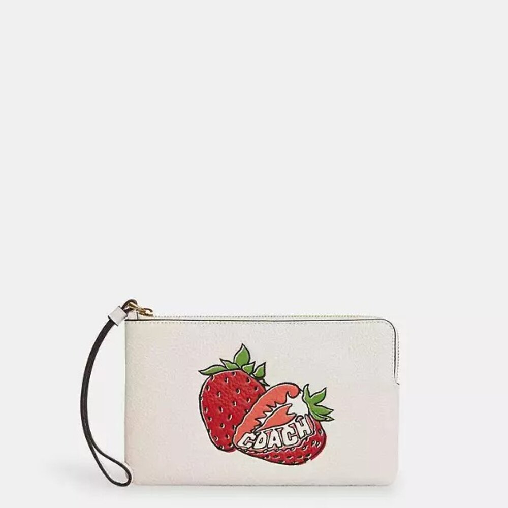 Coach Large Corner Zip Wristlet With Strawberry Graphic NWT